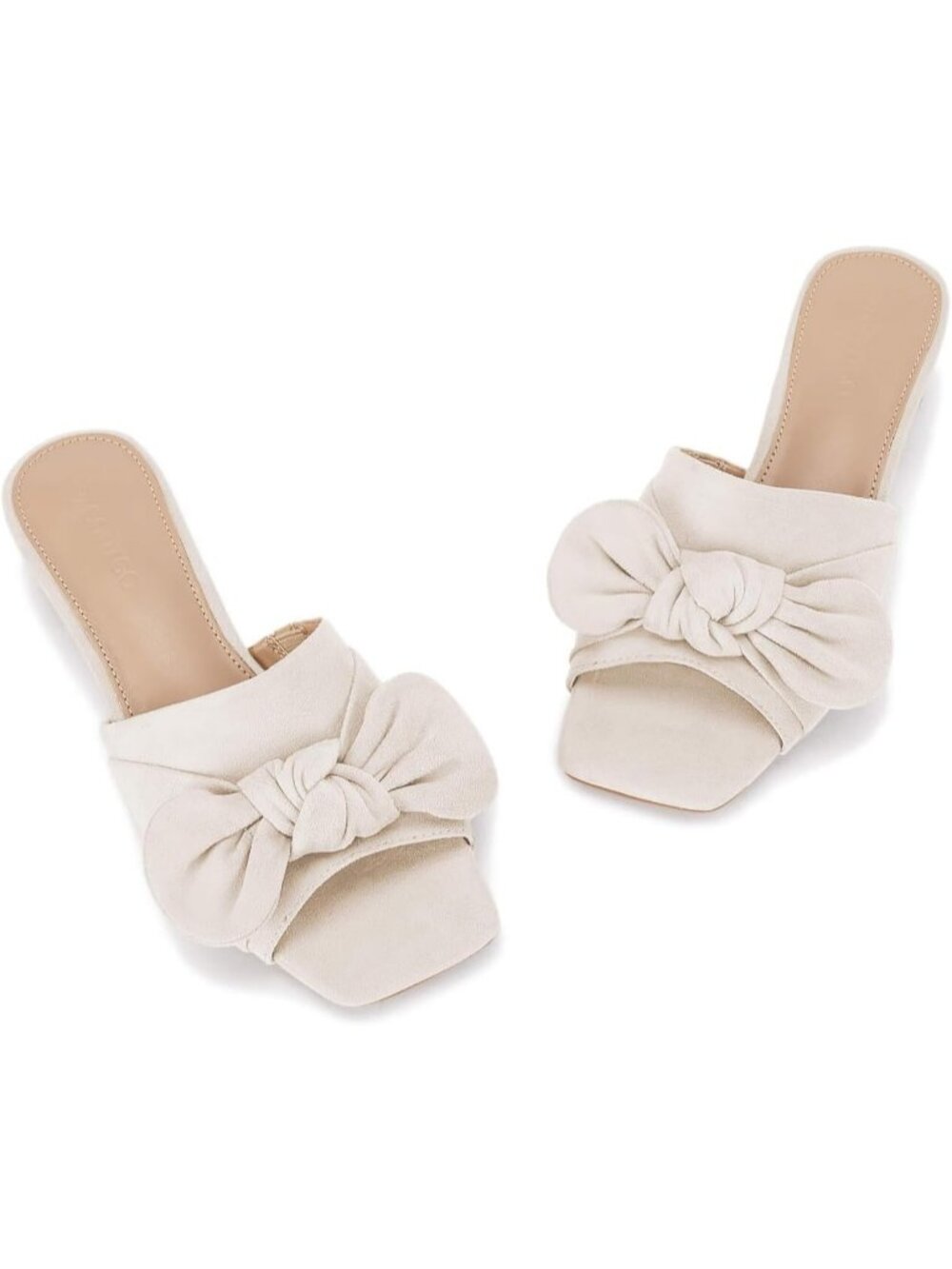 Women's Nude Faux Suede Summer Square Open Toe Bow Slides Chunky Low Heel Shoes